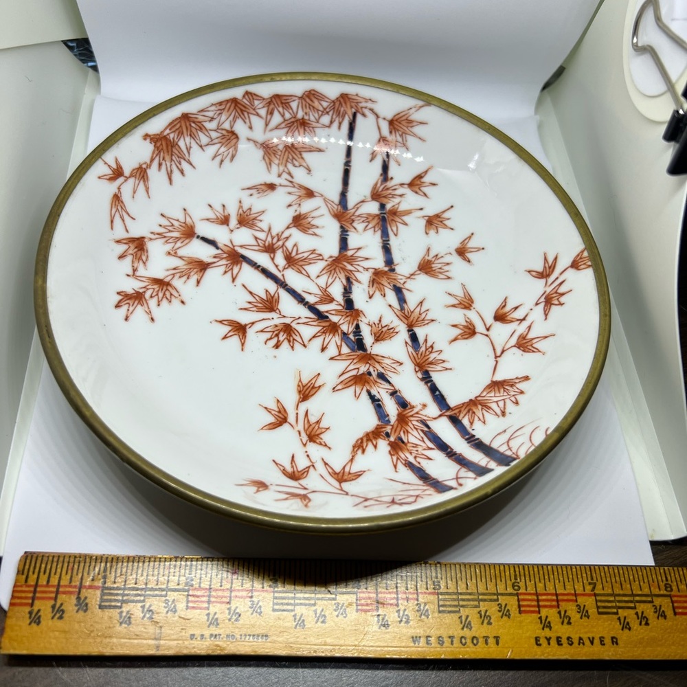 ACF Japanese Porcelain Bamboo Plate With Brass Back. Hand Painted in Hong Kong.